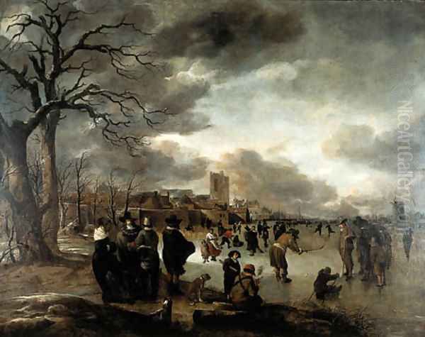 Skaters on the river Oil Painting by Aert van der Neer