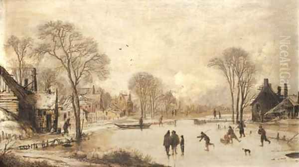 Skaters on a frozen canal by a village Oil Painting by Aert van der Neer