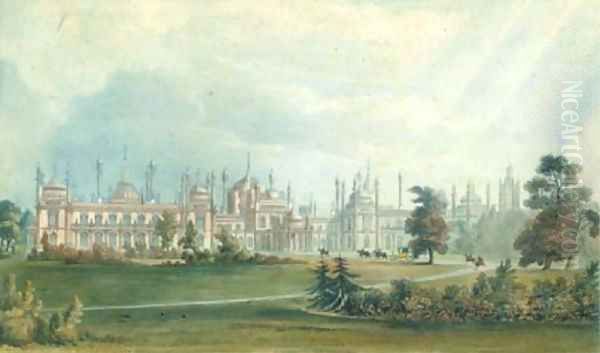 Brighton Pavilion, Perspective View of the West Front, Oil Painting by Joseph Nash