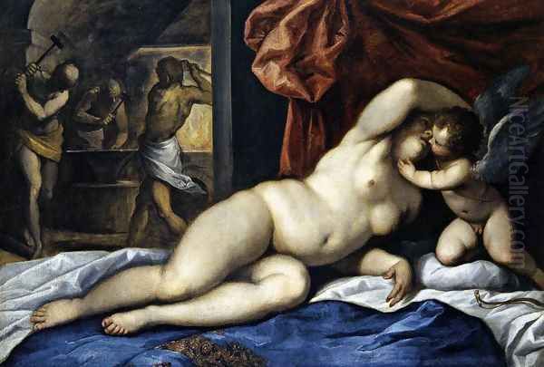 Venus and Cupid at Vulcan's Forge c. 1610 Oil Painting by Palma Vecchio (Jacopo Negretti)