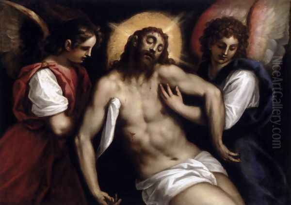 The Dead Christ with Two Angels c. 1600 Oil Painting by Palma Vecchio (Jacopo Negretti)