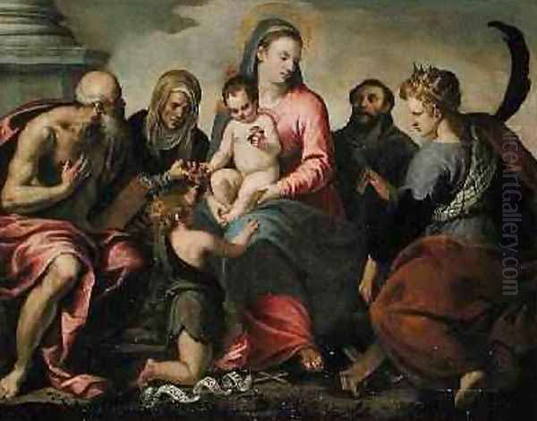 Virgin and Child surrounded by Saints Jerome, Elizabeth, John the Baptist, Francis and Catherine Oil Painting by Palma Vecchio (Jacopo Negretti)