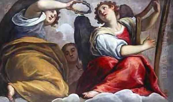 Musical Angels with a Cymbal and a Harp Oil Painting by Palma Vecchio (Jacopo Negretti)