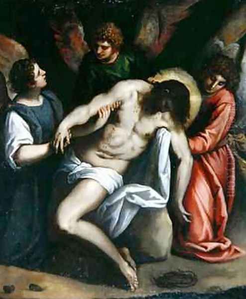 The Dead Christ, Held by Three Angels Oil Painting by Palma Vecchio (Jacopo Negretti)