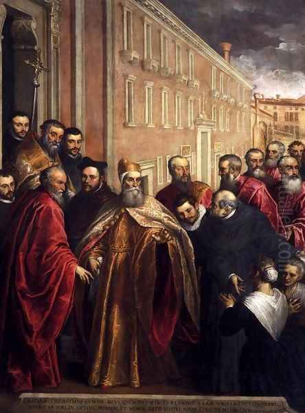 Pasquale Cicogna in Dogal Robes Visiting the Church and Hospital of the Crocifer Oil Painting by Palma Vecchio (Jacopo Negretti)