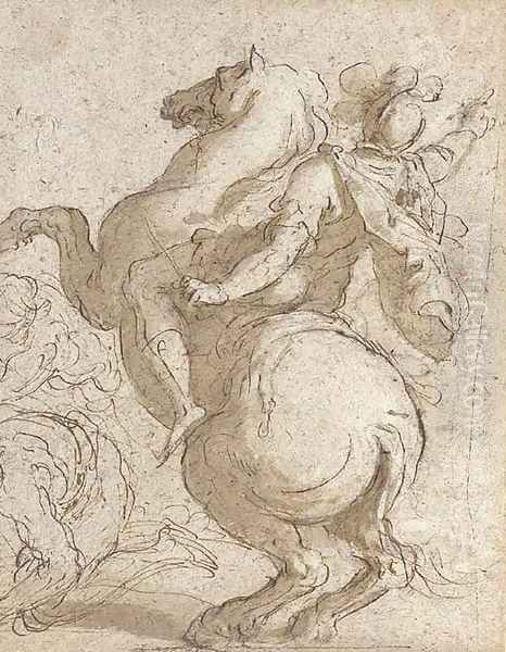 A cavalier on a rearing horse, crouching figures to the left Oil Painting by Palma Vecchio (Jacopo Negretti)