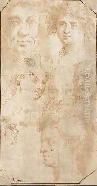 Seven heads with a self portrait and a portrait of Adriana Negretti Oil Painting by Palma Vecchio (Jacopo Negretti)