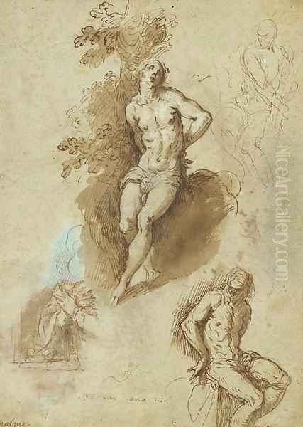 Three studies of Saint Sebastian tied to a tree, Oil Painting by Palma Vecchio (Jacopo Negretti)