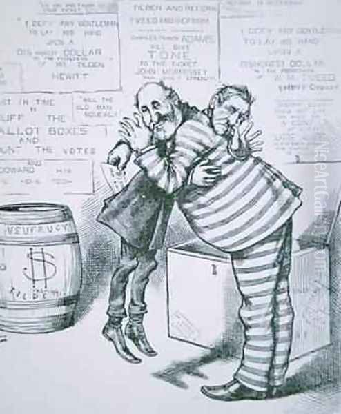 William MBoss Tweed hugging the figure of Samuel J Tilden from Harpers Weekly 1871 Oil Painting by Thomas Nast