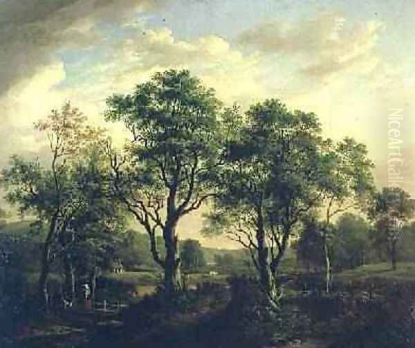 Wooded river landscape with figures and cattle Oil Painting by Alexander Nasmyth