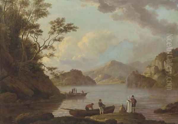 A view of Loch Lomond with figures and boats in the foreground Oil Painting by Alexander Nasmyth