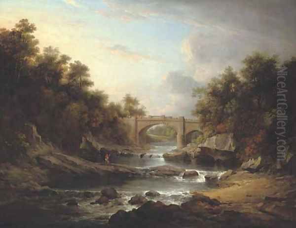 View on the River Almond, near Edinburgh, with Almondell Bridge and a fisherman Oil Painting by Alexander Nasmyth