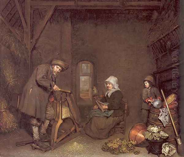 Chaff Cutter with a Woman Spinning and a Young Boy 1662-64 Oil Painting by Caspar Netscher