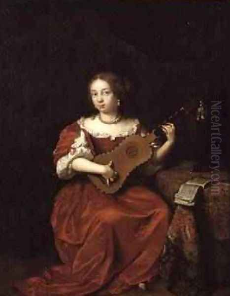 A Lady Playing the Guitar 1669 Oil Painting by Caspar Netscher