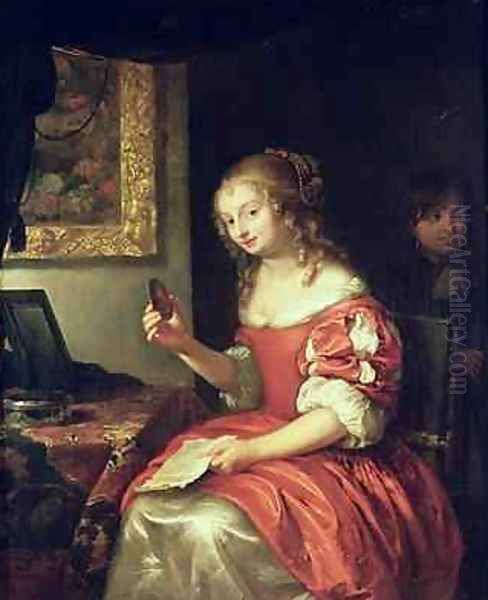 Young Woman with Letter and Locket 1667 Oil Painting by Caspar Netscher