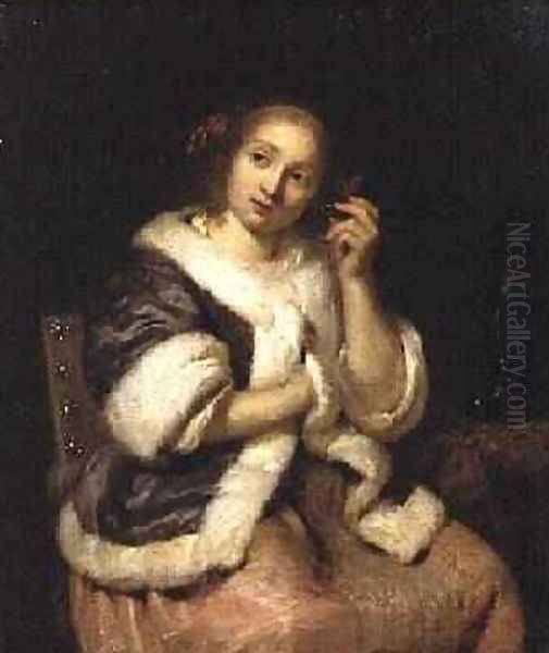 Lady with a Watch 1670 Oil Painting by Caspar Netscher