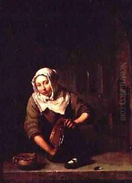 Woman Cleaning Oil Painting by Caspar Netscher