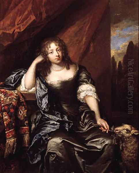 Portrait of a lady, seated small three quarter length on a draped balcony, wearing a grey silk dress with lace chemise, blue wrap and pearl necklace, Oil Painting by Caspar Netscher