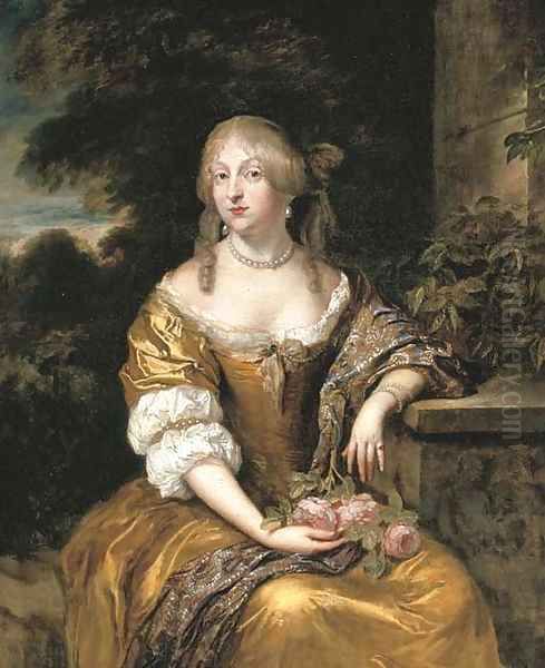 Portrait of a lady, three-quarter-length, in a gold satin gown, seated in a garden Oil Painting by Caspar Netscher