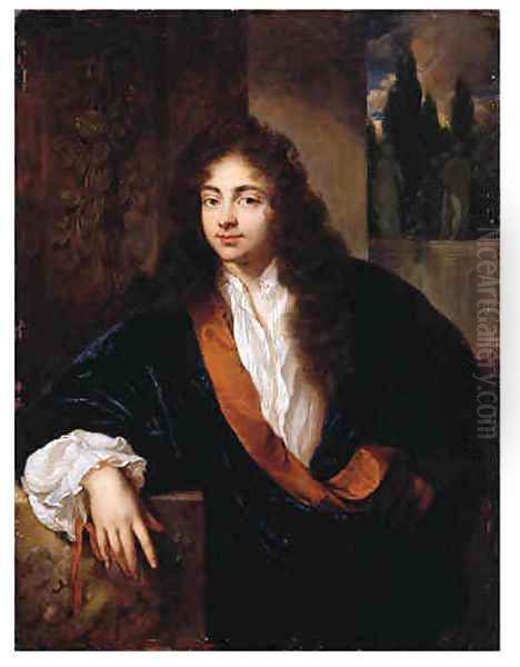 Portrait of a Gentleman, standing small half length on a balcony, wearing an orange-lined blue silk dressing-gown with lace chemise and wig, his right Oil Painting by Caspar Netscher