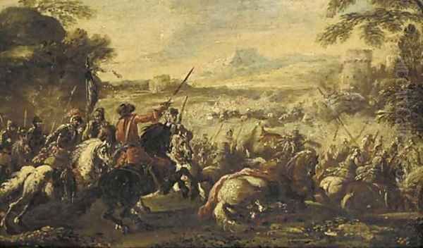 A cavalry battle before a fortified town Oil Painting by Filippo Napoletano