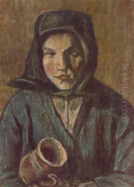 Peasant Girl with Jug c. 1927 Oil Painting by Istvan Nagy