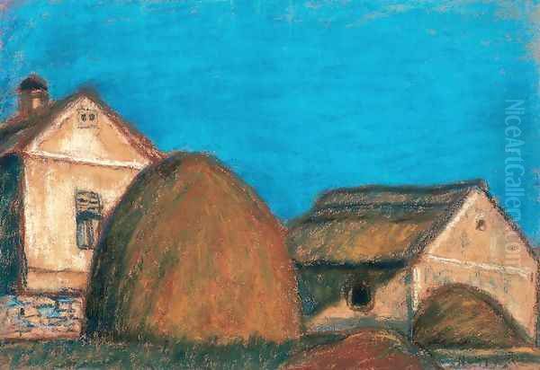 Haystacks with House Oil Painting by Istvan Nagy