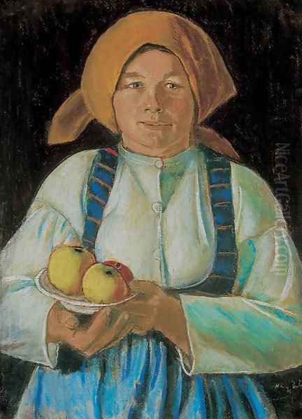 Young Woman Holding Apples 1934 Oil Painting by Istvan Nagy