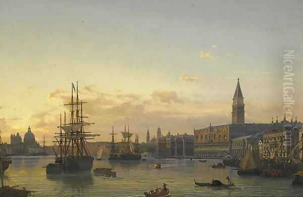 Blick uber das Bacino di San Marco in Venedig mit Panorama von S. Maria della Salute bis zu den Kuppeln von S. Marco bei Sonnenuntergang 1840-49 Oil Painting by Friedrich Nerly