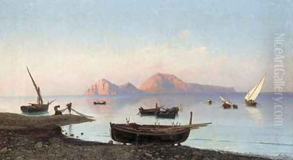 Fishing boats off the Naples coast, Capri beyond Oil Painting by Friedrich Nerly