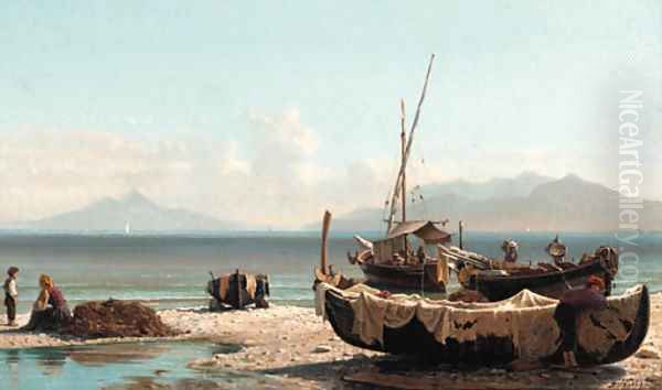 Fishing boats on the Neapolitan coast Oil Painting by Friedrich Nerly