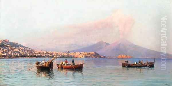 The bay of Naples with Vesuvius in the distance Oil Painting by Friedrich Nerly