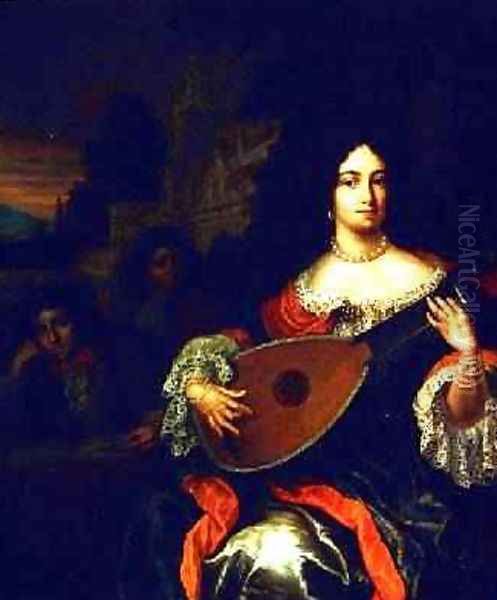 A Lady playing a lute with two boys at her side Oil Painting by Eglon van der Neer