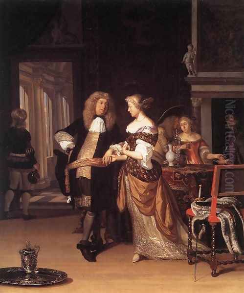 Elegant Couple in an Interior 1678 Oil Painting by Eglon van der Neer