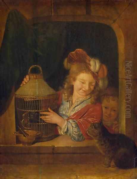 Children with a Cage and a Cat Oil Painting by Eglon van der Neer