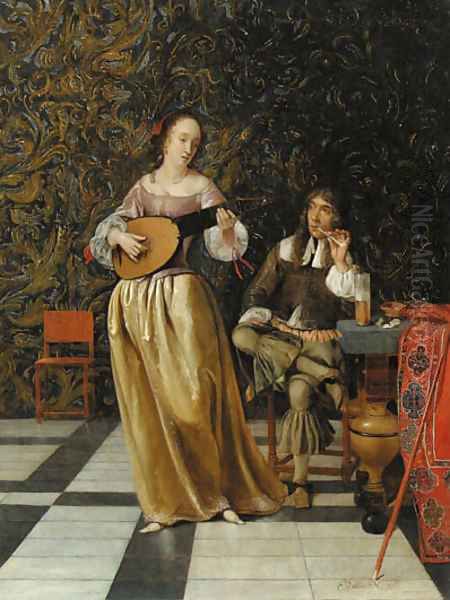 A lady playing a lute with a gentleman seated at a table in an interior Oil Painting by Eglon van der Neer