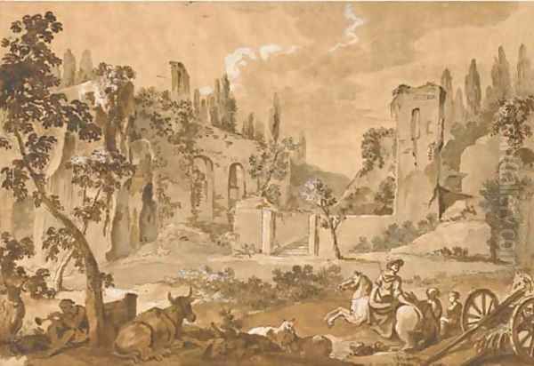 A view of the Pincian Hill with ruins, a woman on horseback, a cart, animals and figures in the foreground Oil Painting by Charles Joseph Natoire