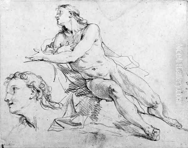 A reclining nude gesturing in profile to the left, with a subsidiary study of the head Oil Painting by Charles Joseph Natoire