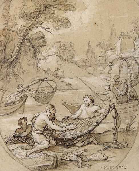 Fishermen drawing their Nets, with figures on a boat in the background Oil Painting by Charles Joseph Natoire