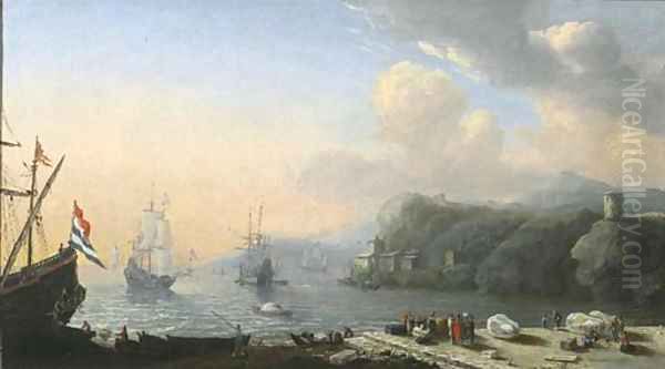 A mediterranean coastal landscape with merchants at a quay, shipping in a bay beyond Oil Painting by Reiner Nooms (Zeeman)