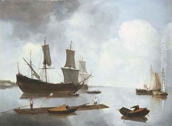 A ferry and shipping in a calm off a coastline Oil Painting by Reiner Nooms (Zeeman)