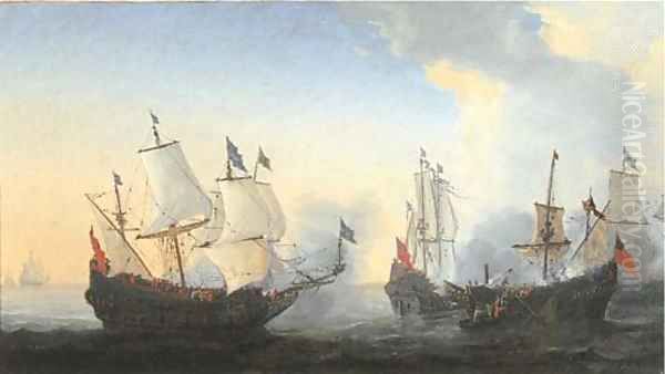 A frigate battle at sea Oil Painting by Reiner Nooms (Zeeman)