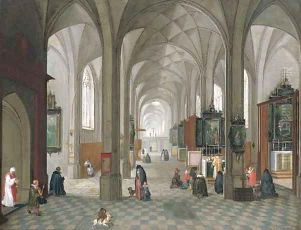 An interior of a catholic church with a priest celebrating mass Oil Painting by Peeter, the Elder Neeffs