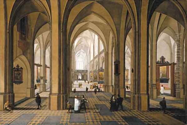 The interior of a Gothic church with elegant company Oil Painting by Peeter, the Elder Neeffs