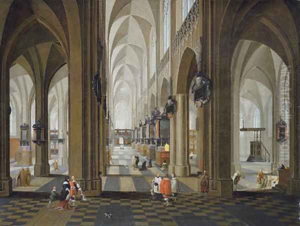 A church interior with elegant company in the nave and aisle Oil Painting by Peeter, the Elder Neeffs