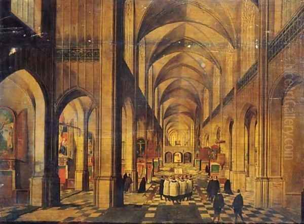 A view in a Gothic Church looking East with a service taking place at an altar on the left and a choir singing in the nave Oil Painting by Peeter, the Elder Neeffs