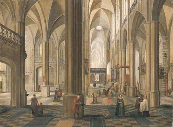 The interior of a cathedral with elegant company, a service in progress in a side altar Oil Painting by Peeter, the Elder Neeffs