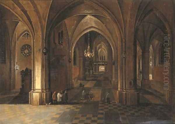 The interior of a gothic cathedral by night Oil Painting by Peeter, the Elder Neeffs