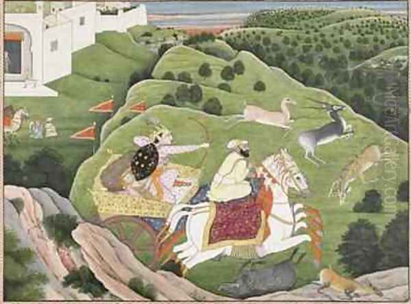 Prince Hunting Antelope and Boar from Guler Punjab Hills 1810 Oil Painting by Nainsukh Family