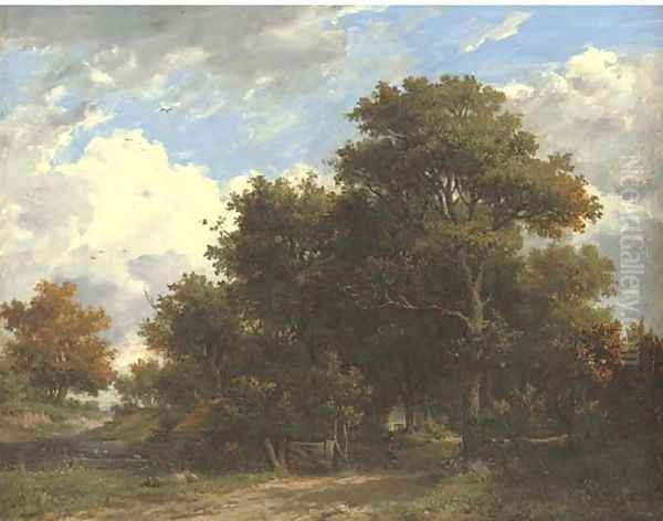 Wooded landscape with a figure on a track, a cottage beyond Oil Painting by Patrick Nasmyth